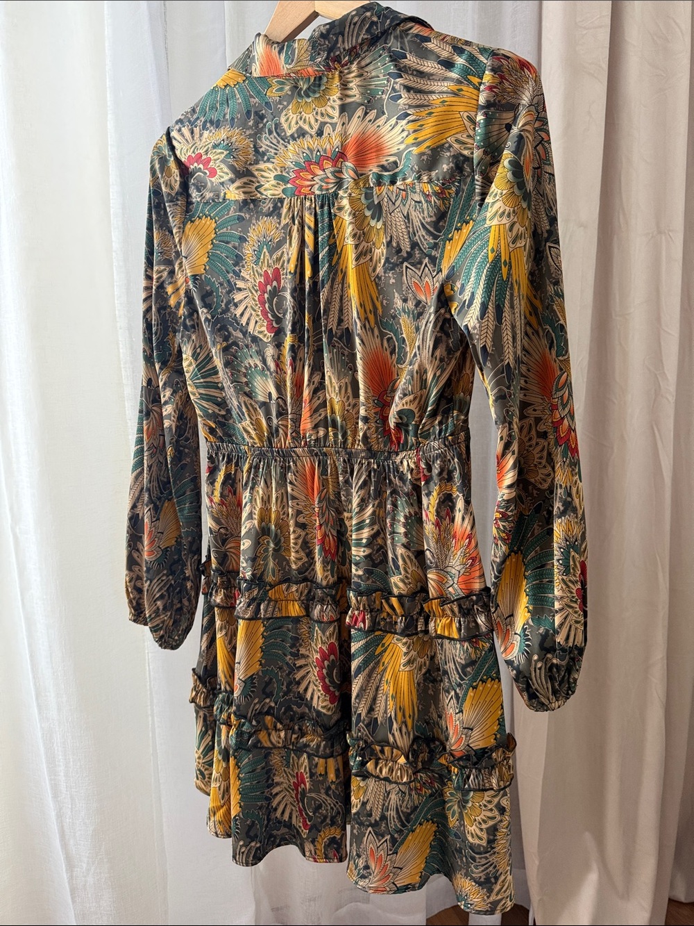 Sam Edelman Long-Sleeve Tiered Dress in Mustard, Teal & Rust - Picture 6 of 8